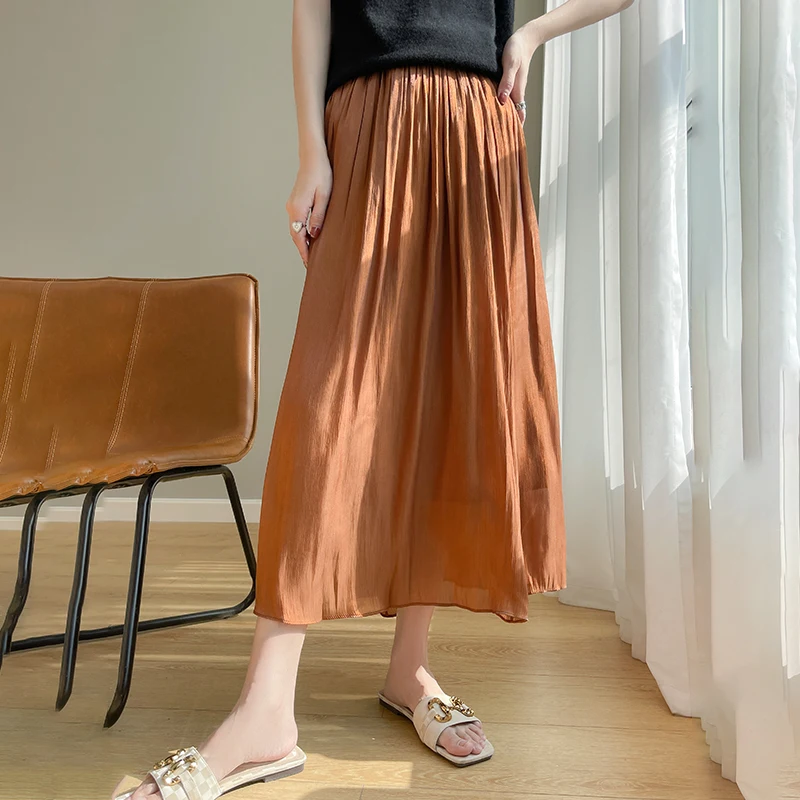 Summer New Women Fashion Gilded Yarn Thin Hundred Pleated Skirt Ladies Elastic High Waist  A-line Mid Length Large Swing Skirt