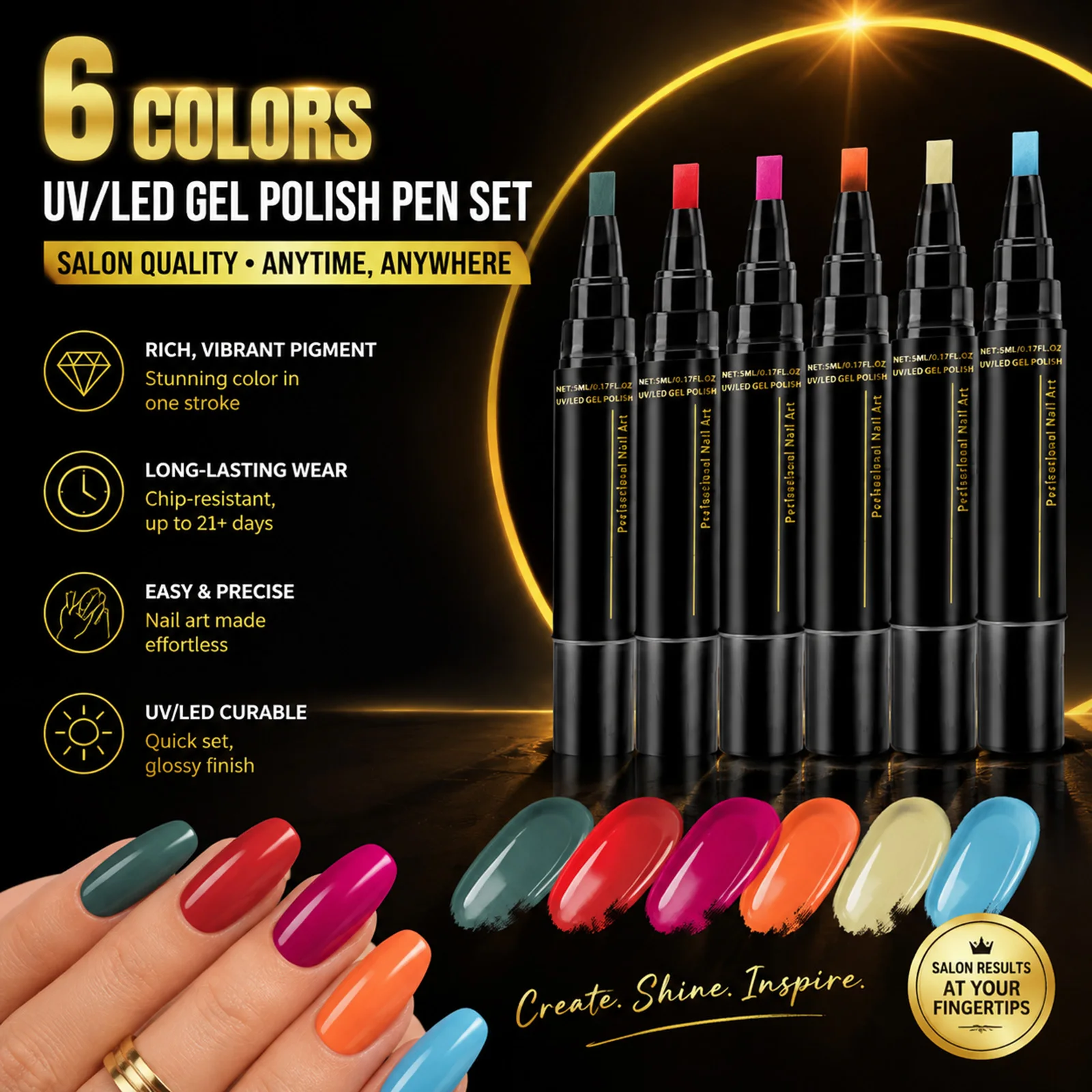 6 Colors Nail Polish Pen for Women DIY Manicure High Pigment Vibrant Shades Long Lasting Shiny Nail Pen Set