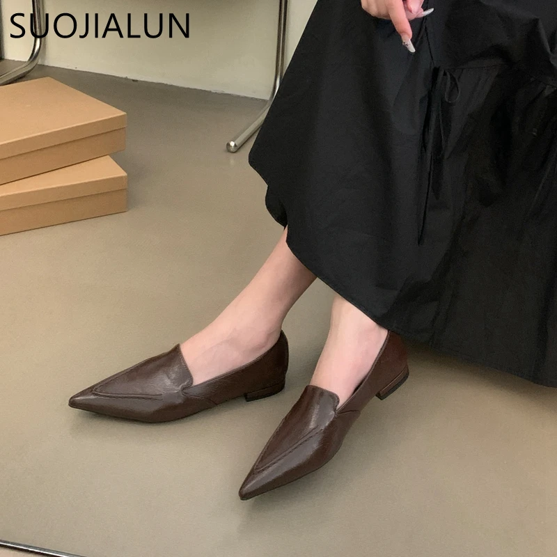 SUOJIALUN Autumn Women Flat Shoes Fashion Sliver Ladies Elegant Boat Shoes Pointed Toe Slip On Flat Heel Casual Outdoor Laofers