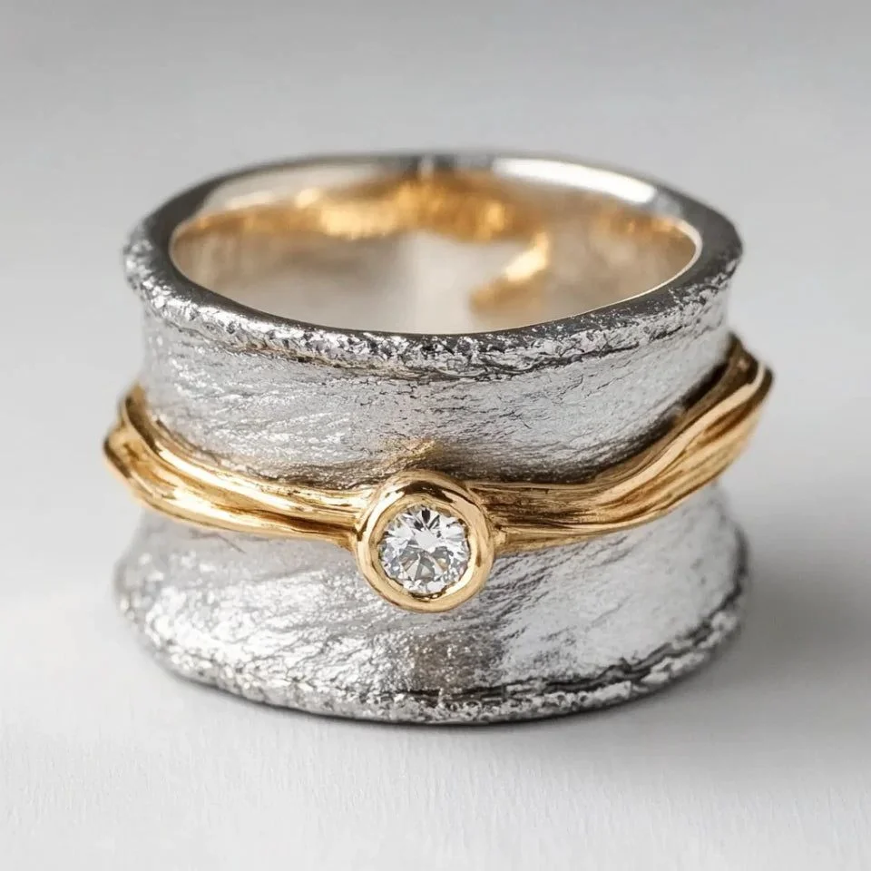 Retro Dual-Tone Copper Ring for Women with Creative Artificial Zirconia Wide-Face Ethnic Style Gift Ring