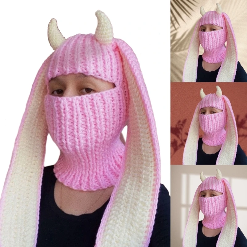 Novelty Rabbit Ears Hat Knitting Balaclava for Women Winter Warm Mask Hat Adult Cosplay Party Costume Camping