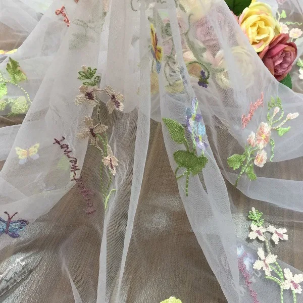 Hanfu tela de encaje bordado de malla de tul suave Floral de mariposa fresca