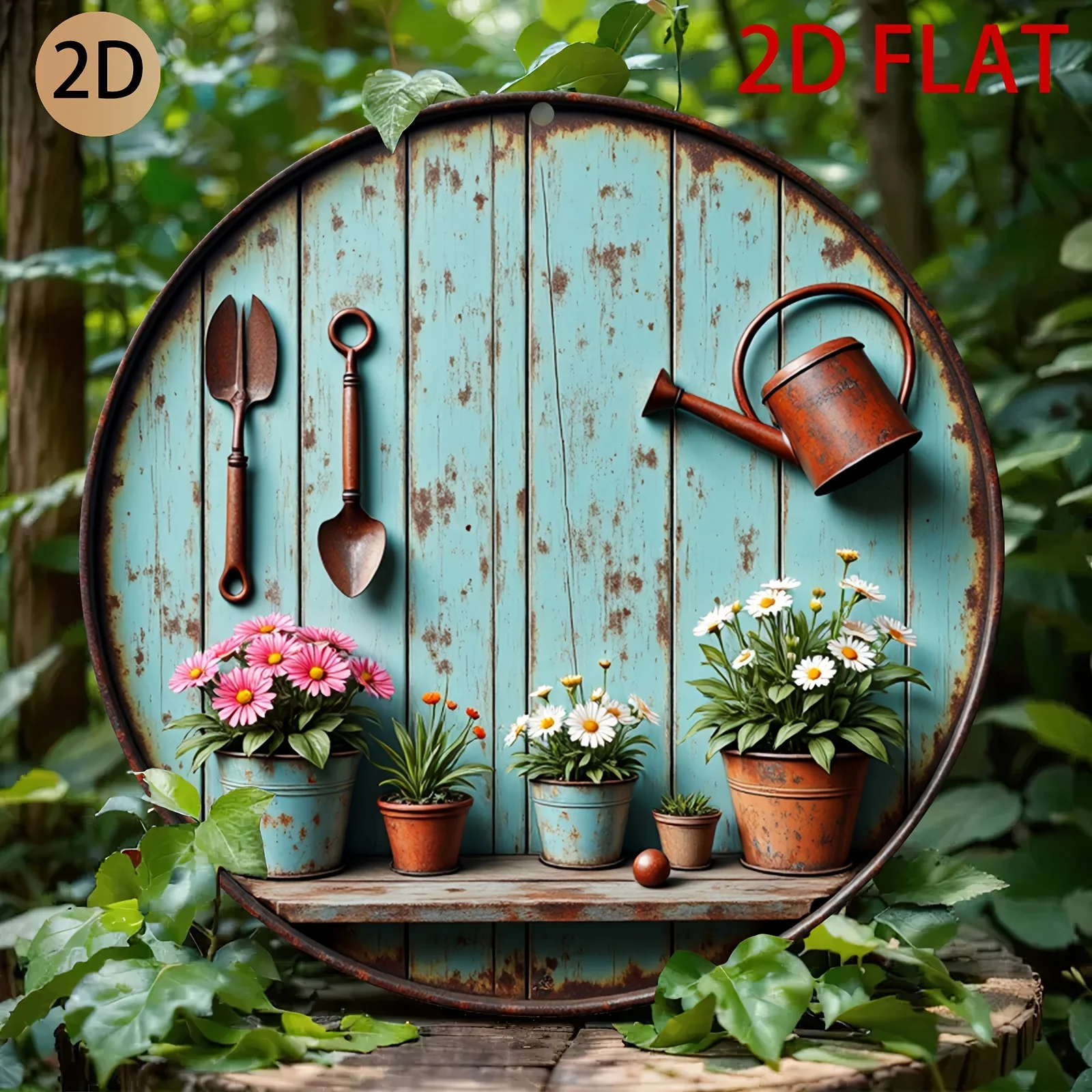 2D Flat - 2D Plane Rustic Circular Garden Themed Wall Art with Vintage Tools Potted Plants And Weathered Wood Design Suitable fo