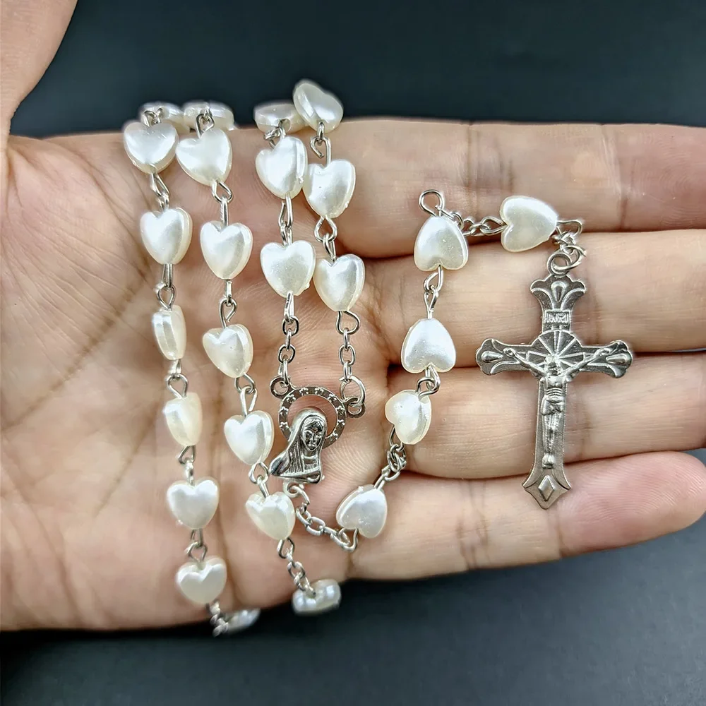 White Heart Rosary Necklace For Women Virgin Mary Cross INRI Pendant Long Chain Men Religion Prayer Party Jewelry Accessories