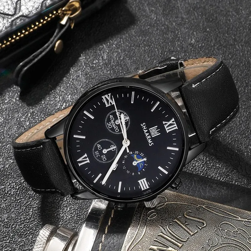 3PCS Set Fashion Mens Sports Watches Man Business Calendar Quartz Wristwatch Luxury Black Leather Strap Casual Male Clock