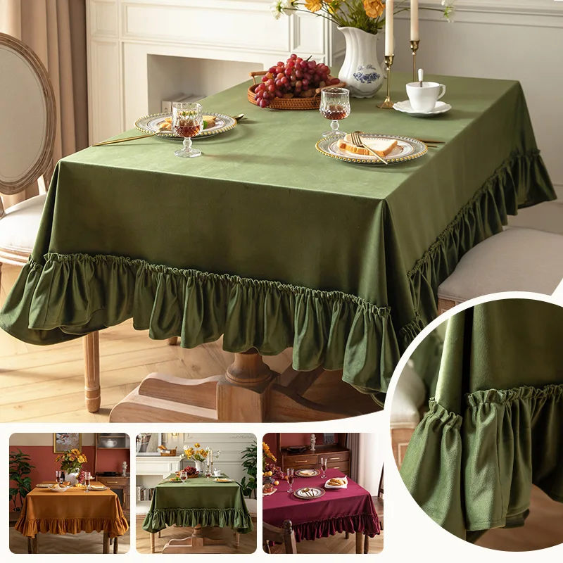 Vintage Velvet Tablecloth with Ruffle Edge French Solid Color Table Cover for Round Square Dining Table Home Kitchen Decor