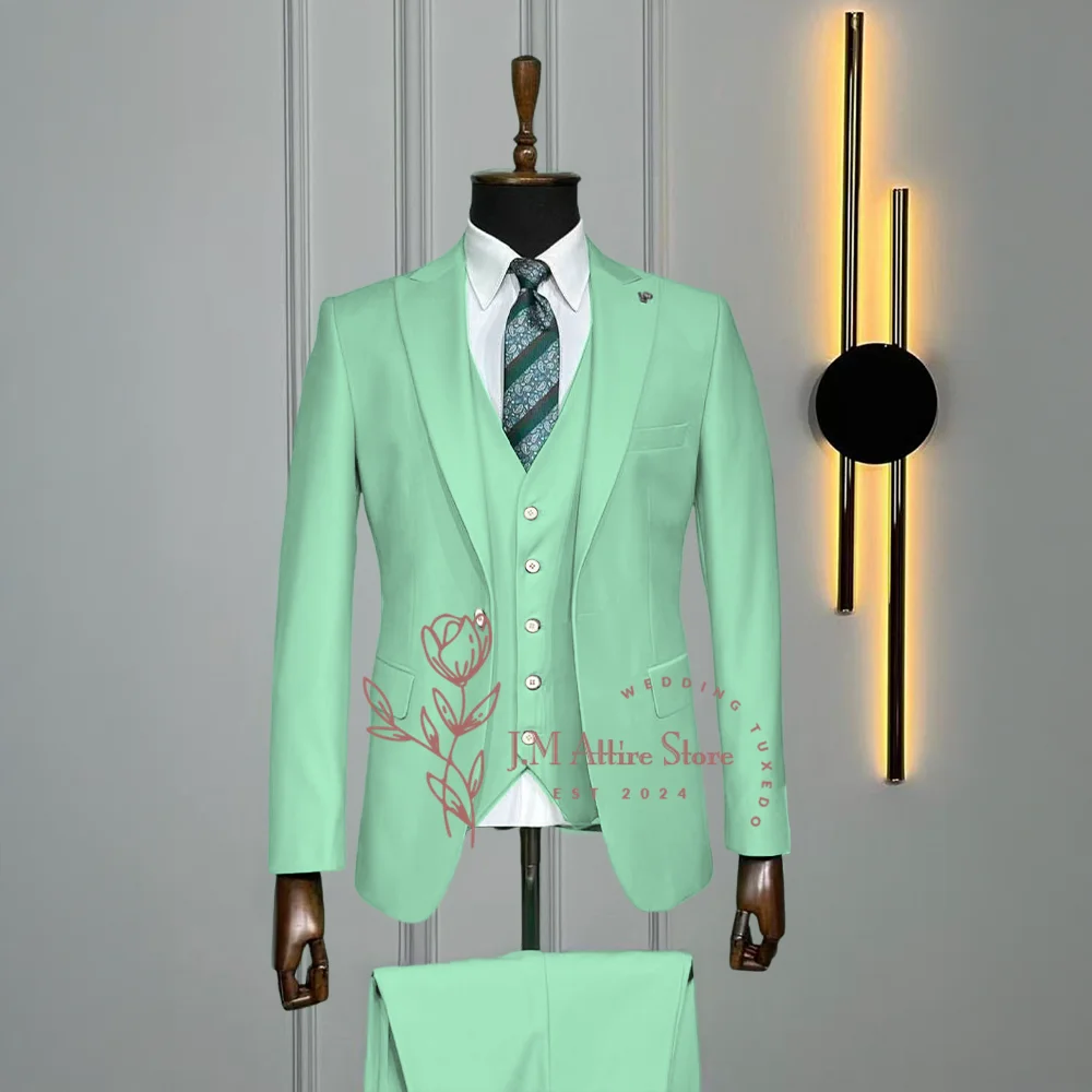 

Custom-made men's 3-piece suit mint peak lapel jacket vest pants slim-fit costume for daily wedding prom party Male tuxedo