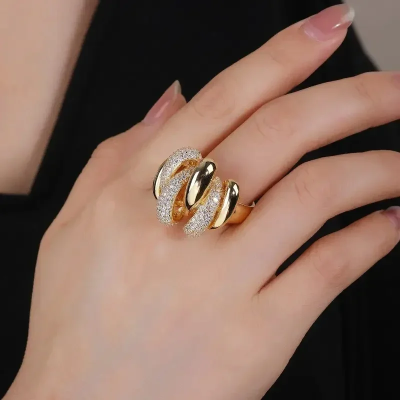 Huitan Opulent Multi-line Rings with Dazzling CZ Modern Bright Finger Accessory for Women Graceful Gentle Jewelry for Engagement