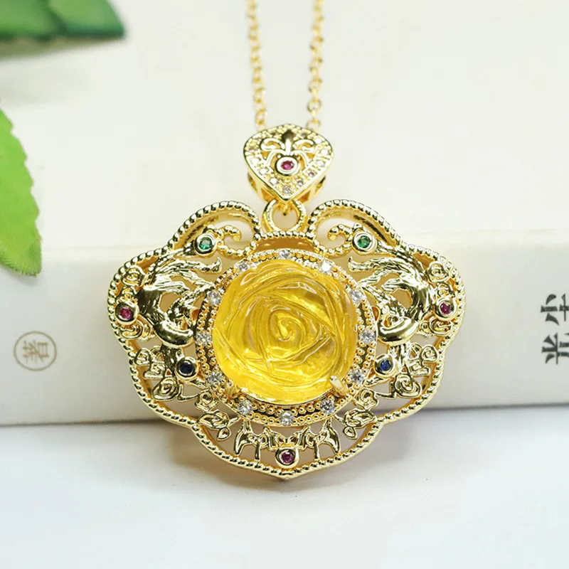 

Natural Amber Pendant Gold Amber Flower Ruyi Pendant Necklace Women