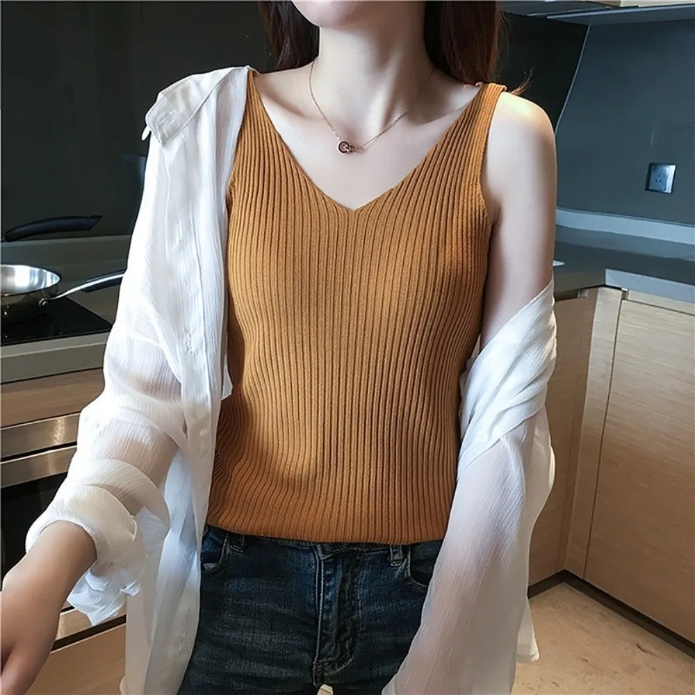 New Solid Color Ice Silk Tank Top Sleeveless V-Neck Cropped Top Knitted Vest Base Layer
