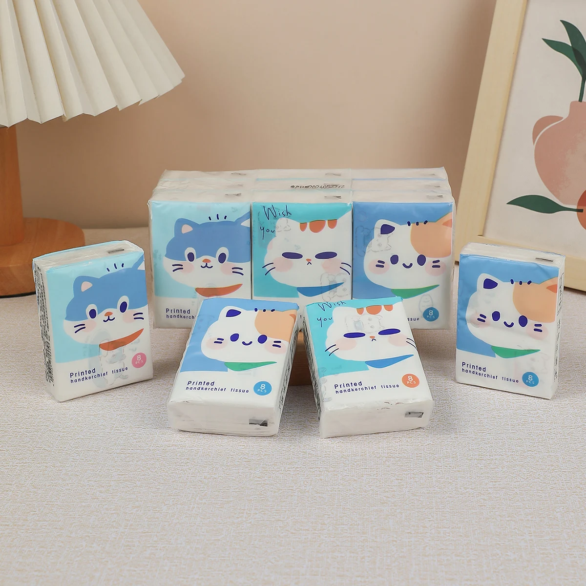 Pañuelo de papel con estampado de dibujos animados para estudiantes, pañuelo de gato de la suerte a la moda, paquete pequeño portátil para limpieza diaria, 9 unidades por paquete