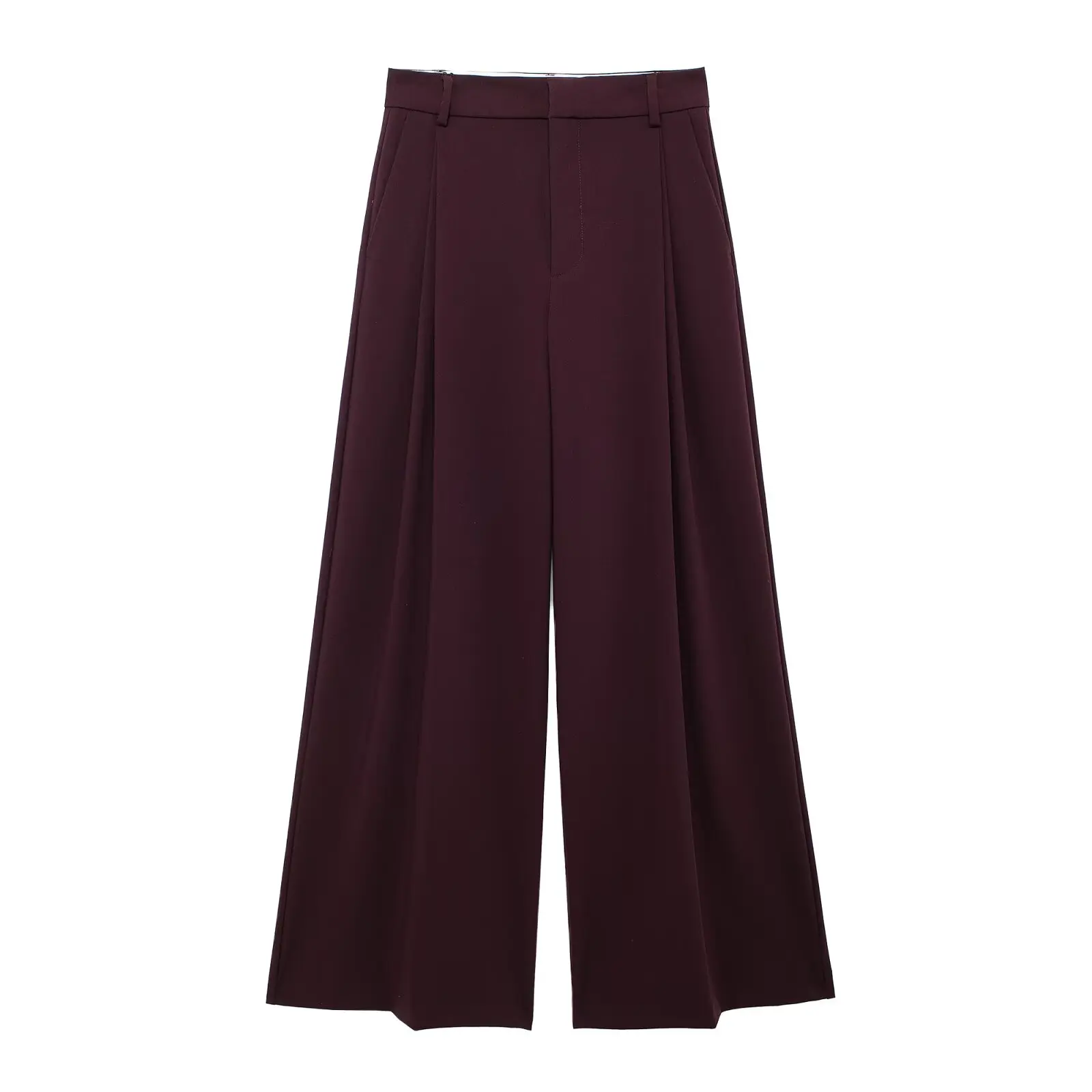 

TRAFZA Woman Casual Folds Wide Leg Pants Wine Red High Waist Pockets Zipper Loose Trousers Autumn Long Pants Woman Trendy