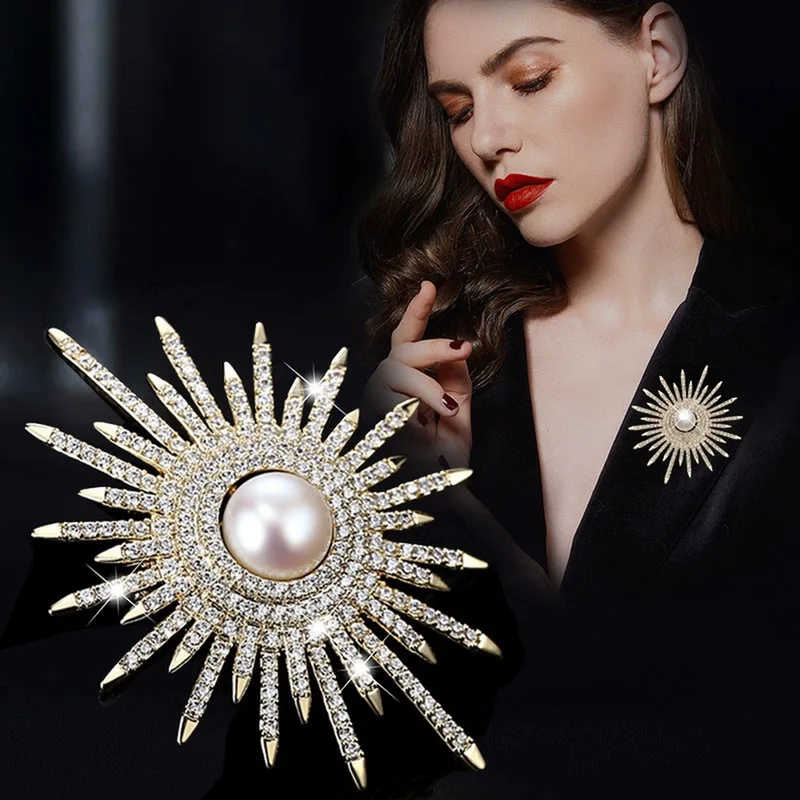 Sparking Sunflower Pearl Brooches Female Full Rhinestone Brooch Suit Sweater Luxury Clothing Lapel Pin Accessories Jewelry Gifts