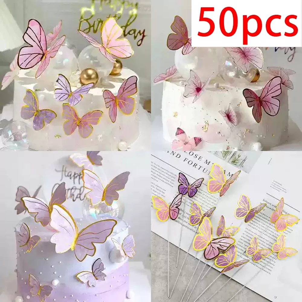 

50pcs Butterfly Cake Decoration Party Supplies Diy 3D Butterfly Cake Topper Decorative Birthday Wedding Cake Insert Accessories