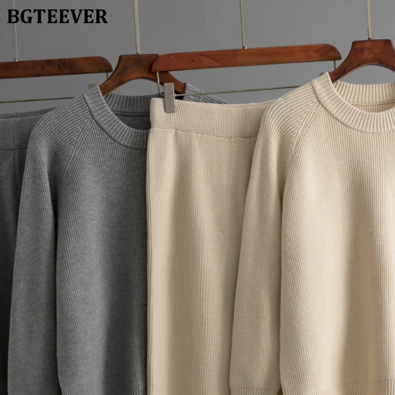 BGTEEVER Winter Warm Female 2 Pieces Sweater Set O-neck Long Sleeve Knitted Pullovers Women Knitting Trousers Suits