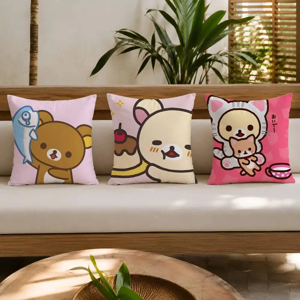 Cushion Cover Double-Sided Plush Sofa Cushion Covers Organic Breathable Invisible Zipper Cartoon Cute R-Rilakkumas