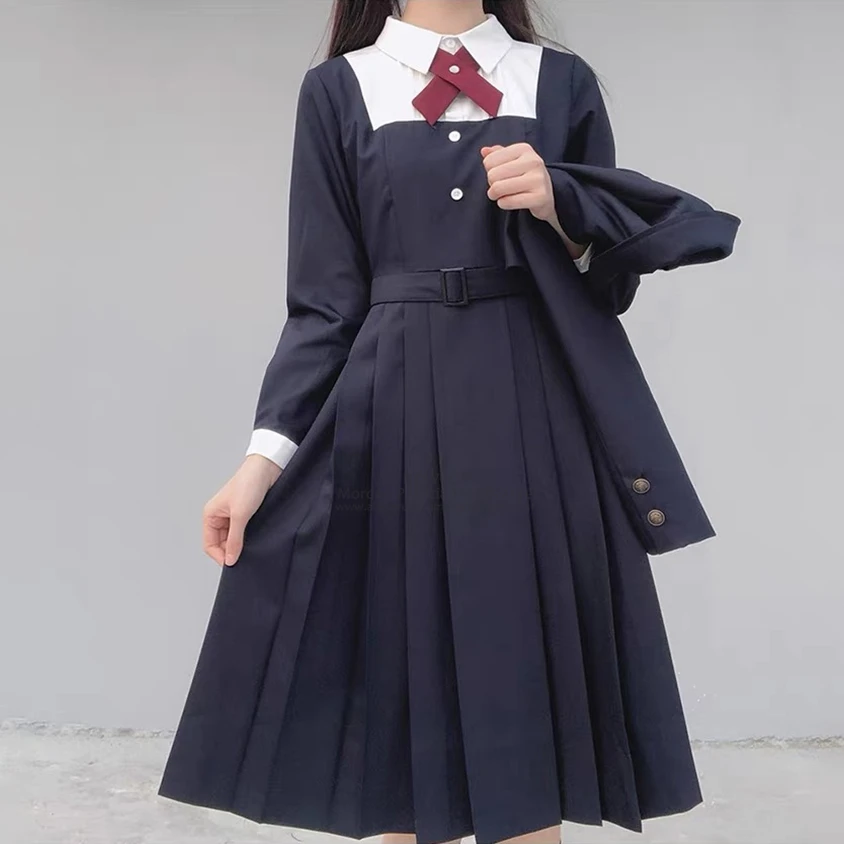 Spring 2024 [Arrogant Miss] Girl's Long Pleated Dress Navy Women Blazer Long Sleeved Pinafore Dress Belt Red Bow JK Uniform XXXL