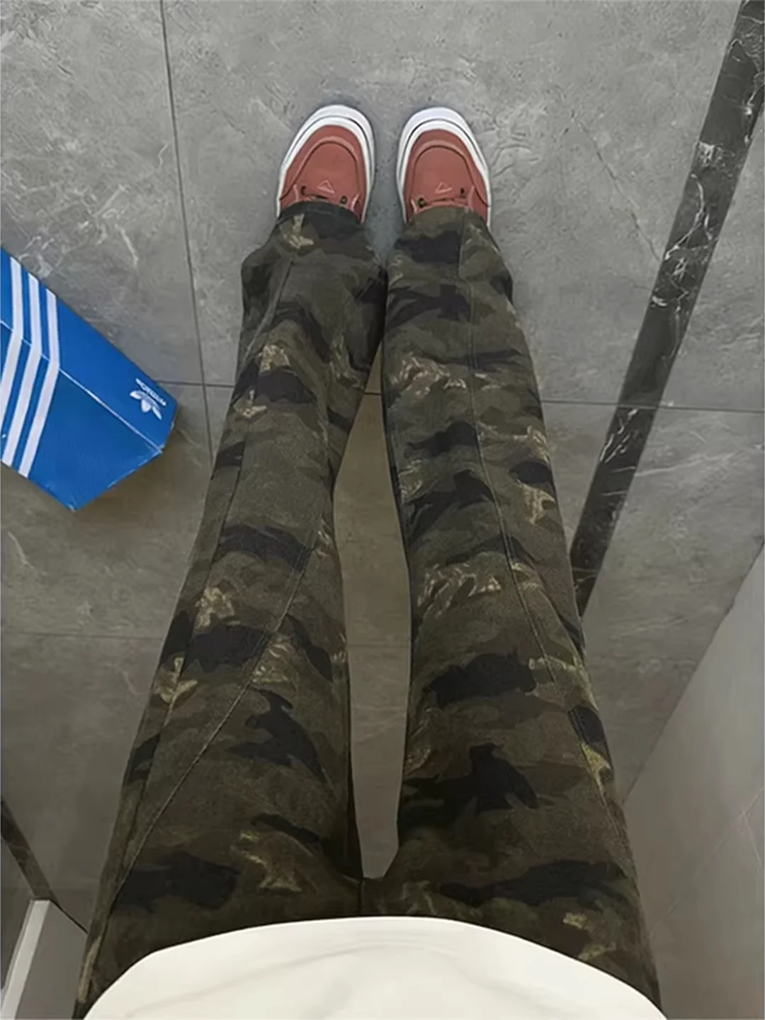 

American Retro Camouflage Fce Lined Bell Bot Workwear Jeans Men's Cleanfit Straight Leg Utili Pants mid Waist Zipper ...