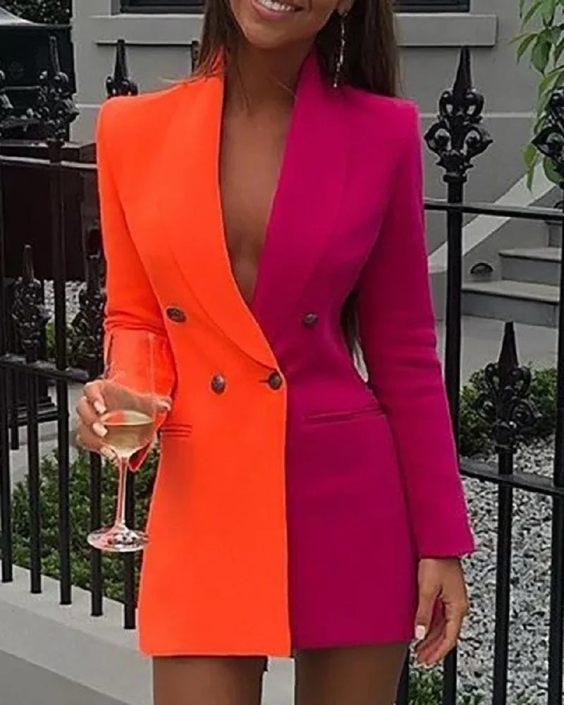 

Women Blazer Elegant Suit Thin Spring V-neck Office Lady Long Sleeve Patchwork Slim OL Double Breasted Dress Coat Lugentolo