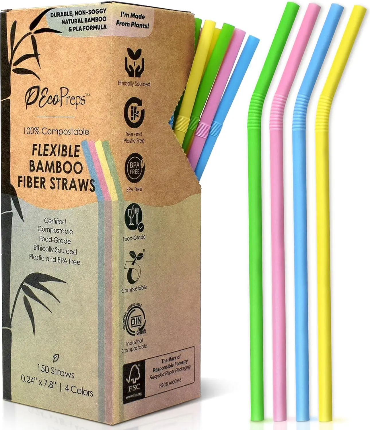 

Цветные гибкие биоразлагаемые трубочки для напитков, 150 штук, экологичные, компостируемые, без пластика, для холодных напитков