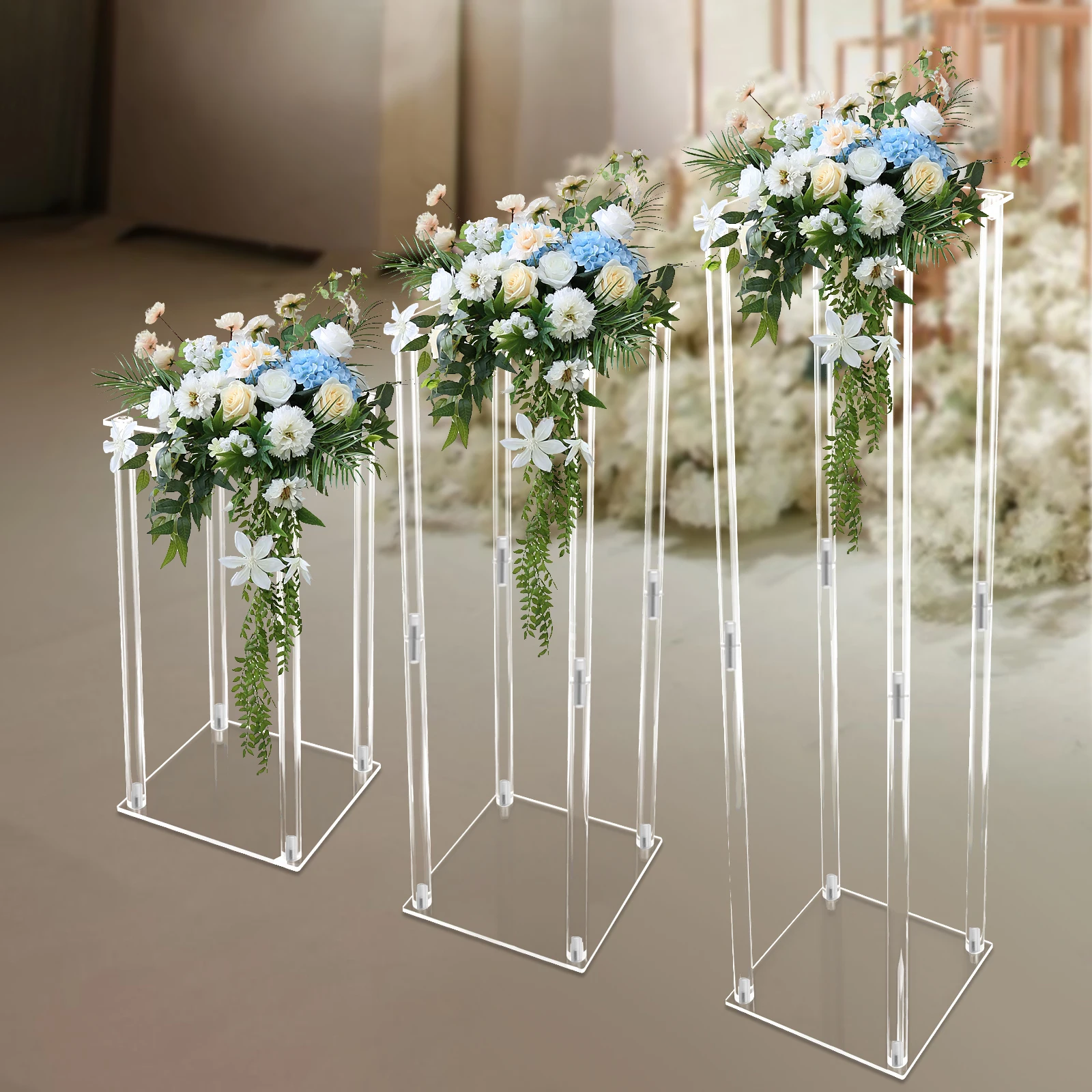 Centerpieces Pernikahan Vas Akrilik, 3 Buah Stand Display Bunga Kolom Bening, Stand Display Geometris untuk Dekorasi Rumah
