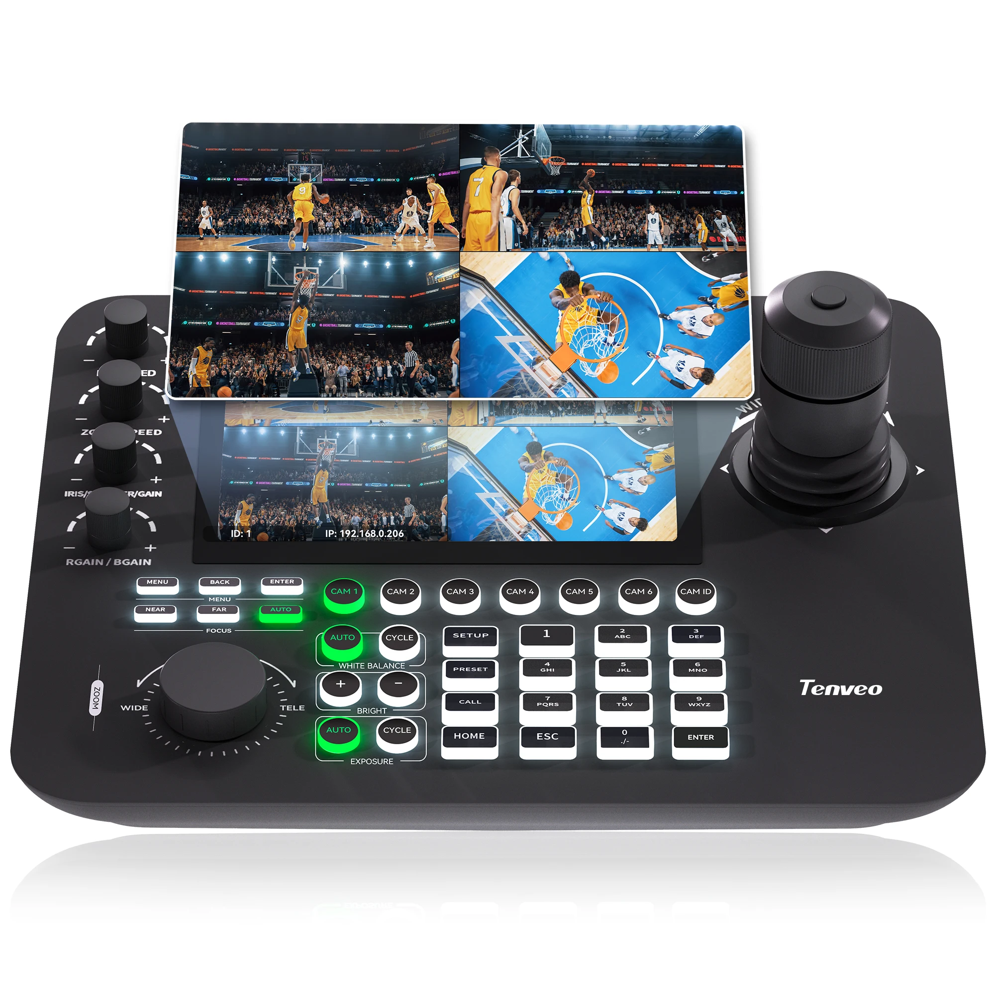 PTZ Keyboard Controller 4D with 7'' LCD Screen Support Quad-Screen Real-time Preview POE NDI Joystick Controller RS232 RS485 LAN