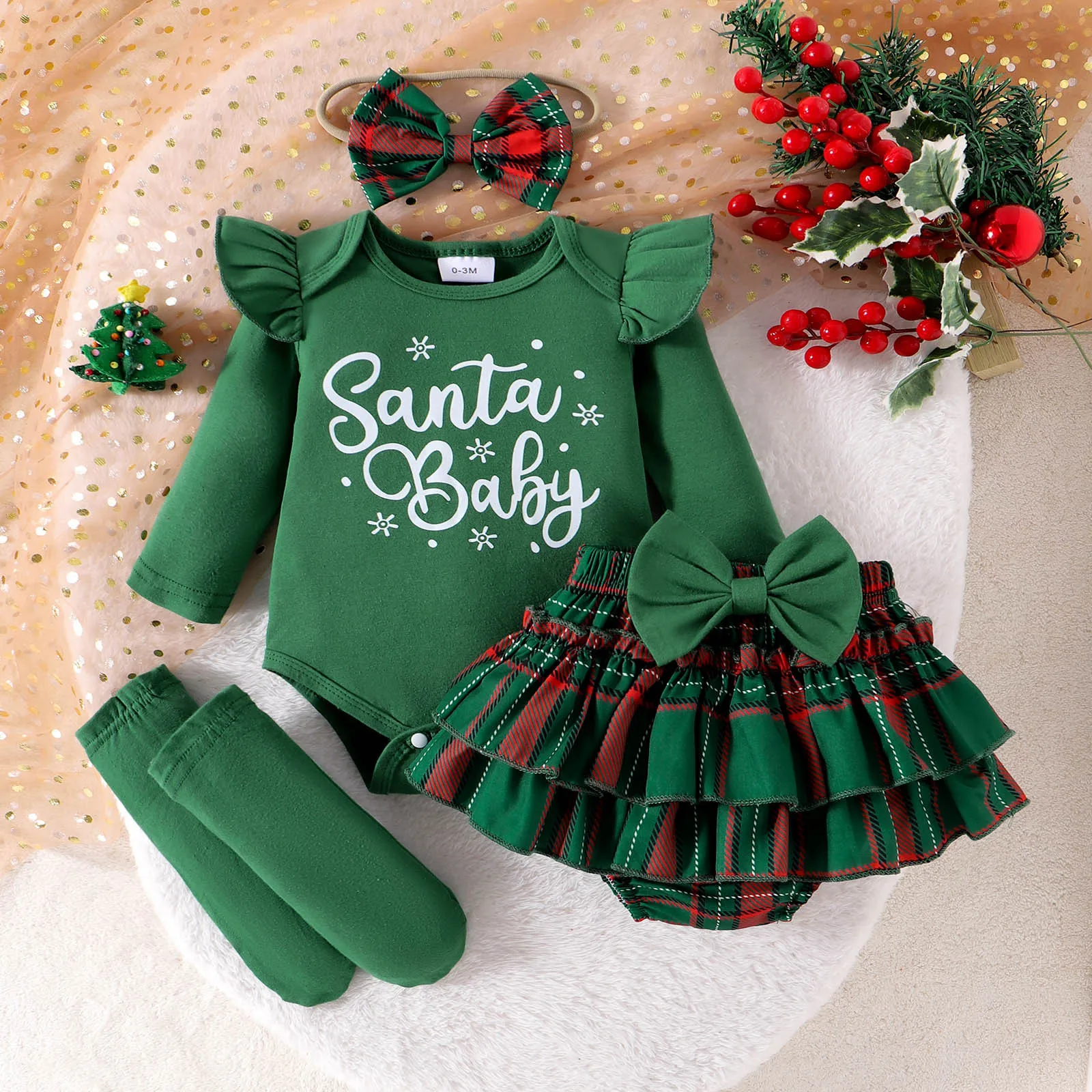 

Autumn Christmas Infant Baby Girls Outfit Cute Letter Print Ruffle Long Sleeve Romper Plaid Layered Ruffle Kids Shorts Clothes