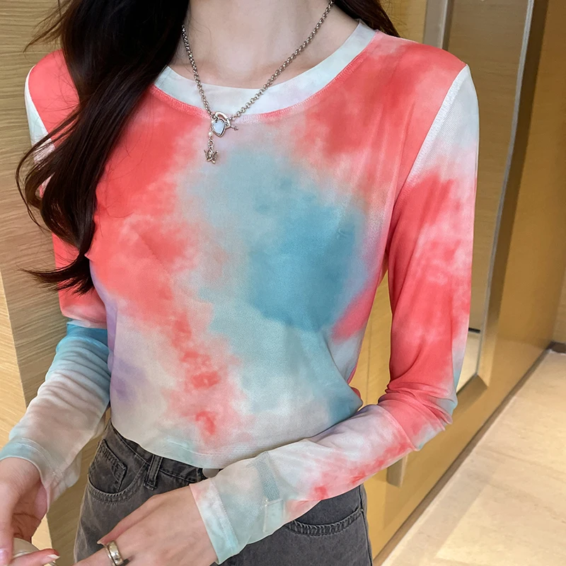 Women O-Neck T Shirt Stretch Top Semi-transparent Tees Black Long Sleeve Summer Single Layer Printed Mesh T-shirt Ladies 2024