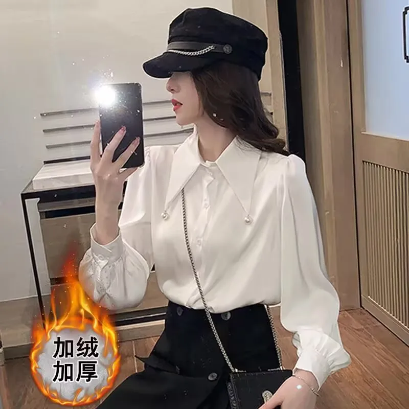 

French New Winter Woman Warm Fleece Shirt 2025 Spring Autumn Women Longsleeve Shirt Office Lady Elegant White Base Shirt Blouse