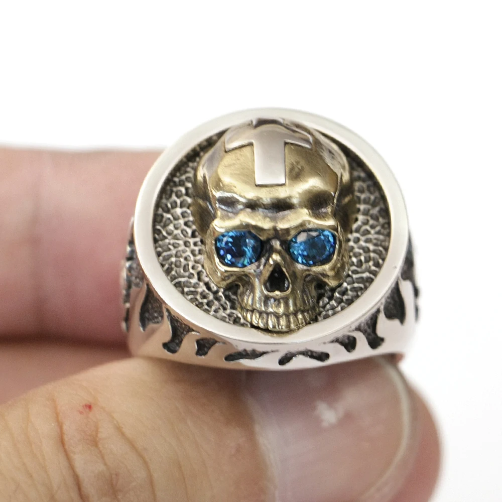 Brass Skull Blue CZ Eyes 925 Sterling Silver LINSION Fire Cross Ring TA454 US Size 8~15 BZ