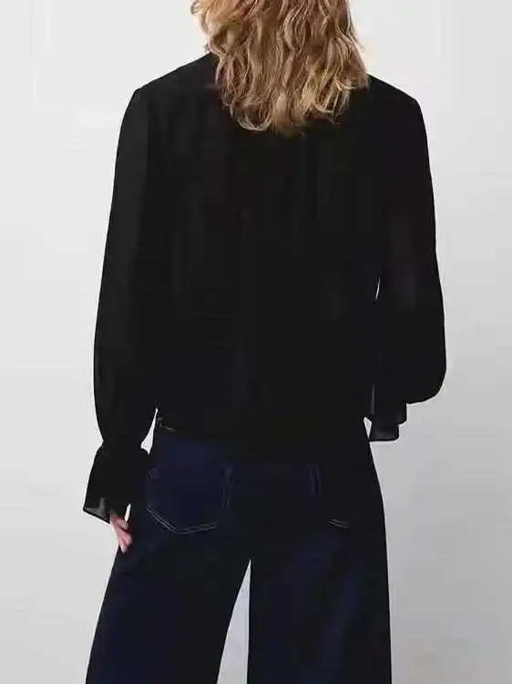 신상 여성 출퇴근 스타일 긴팔 블랙 셔츠 스탠드 칼라 디자인 레이스 트림 벨트 레귤러 핏 단색 77059069