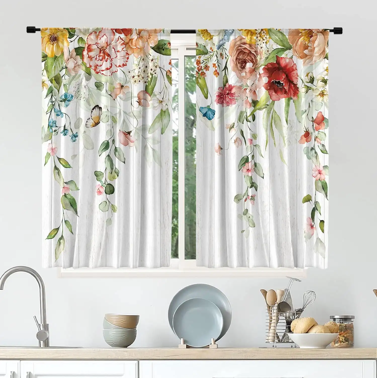 2pcs Curtains Peach Skin Polyester Watercolor Floral Wild Flower Rustic Leaves Spring Botanical Farmhouse Kitchen Bathroom