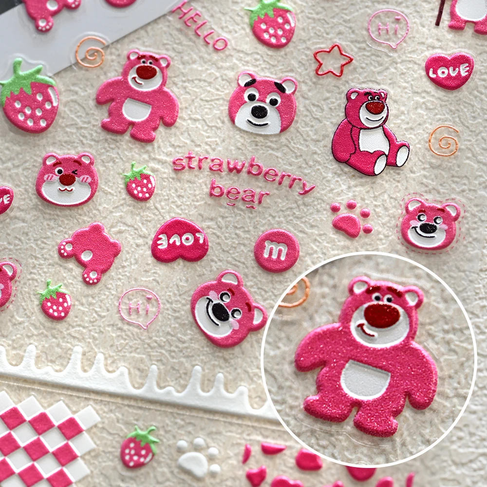 5D Carino Dolce Orso Fragola Adesivo Per Unghie 10X8m Autoadesiva In Rilievo Lotso Orso Slider Decalcomanie Kawaii Adesivo Manicure Fornitura