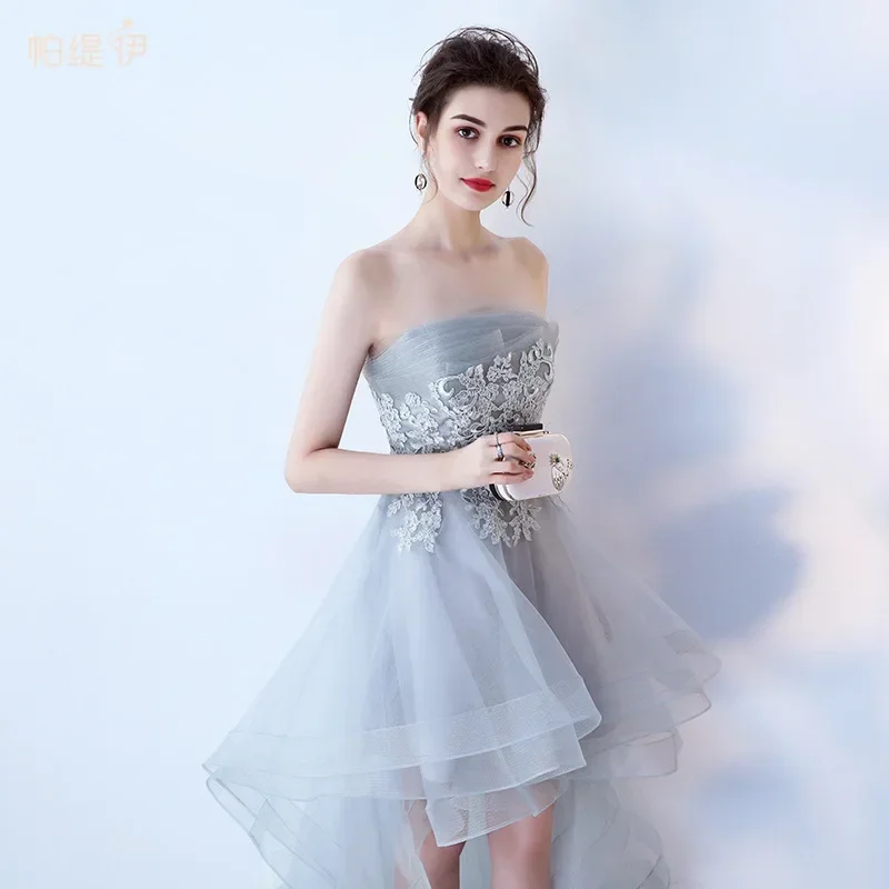 Customization It\'s Yiiya Evening Dress Gray Tulle Strapless Asymmetrical Famous Designer Plus size Women Party Formal Gown LX220