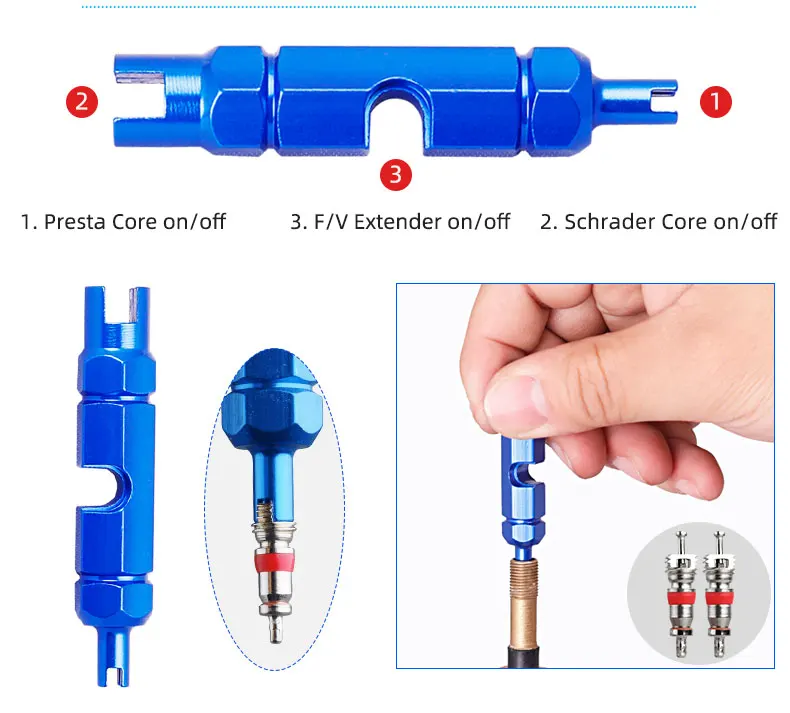 Fahrradventilwerkzeug Schrader Presta Kernschlüssel A/V Nipper Spanner F/V Extender Überholung Installation Service Eloxiertes Alaun. Legierung – Detail 12