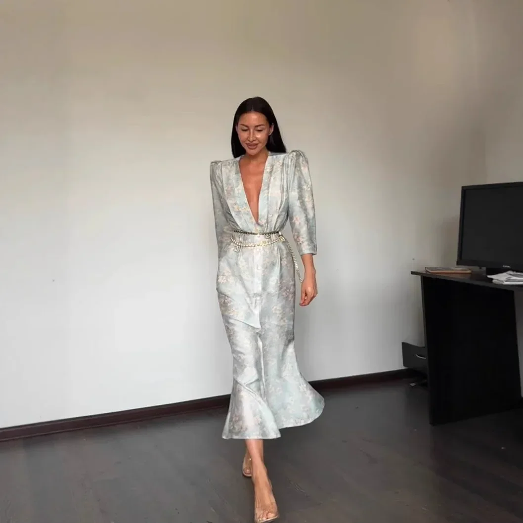 Woman Floral V-neck Wrist Maxi Dresses Sexy Elegant Party Ladies Single Breasted Thin Slim Fit Vestidos Summer Fashion Robes