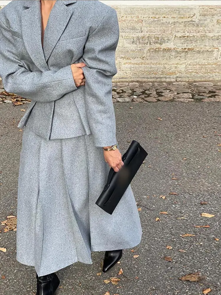 2024 Elegant Grey Pleated A-line Maxi Skirt Suits Chic Stand Collar Pockets Buttons Jackets Sets Lady Autumn Commute Streetwear