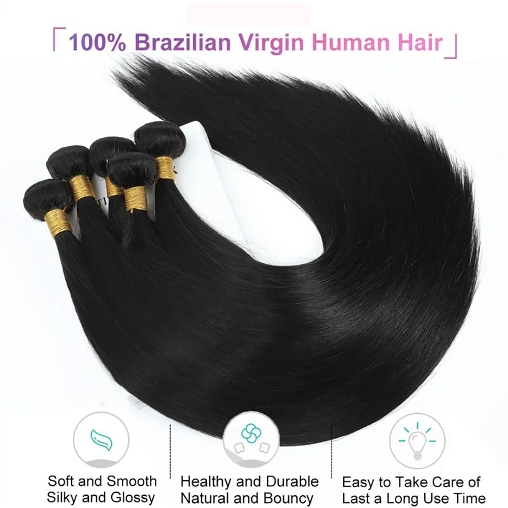 Mechones de cabello humano liso para mujer, Cabello 100% Real de Color Natural, 1/3 mechones de doble trama, tejido de cabello Remy brasileño # 1B