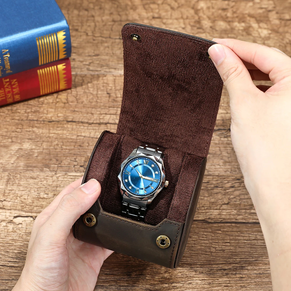 Crazy Horse Full Grain Leather Watch Roll Case 1 Slot & 2 Slots Portable Travel Watch Storage Organizer Genuine Cow Leather Watc