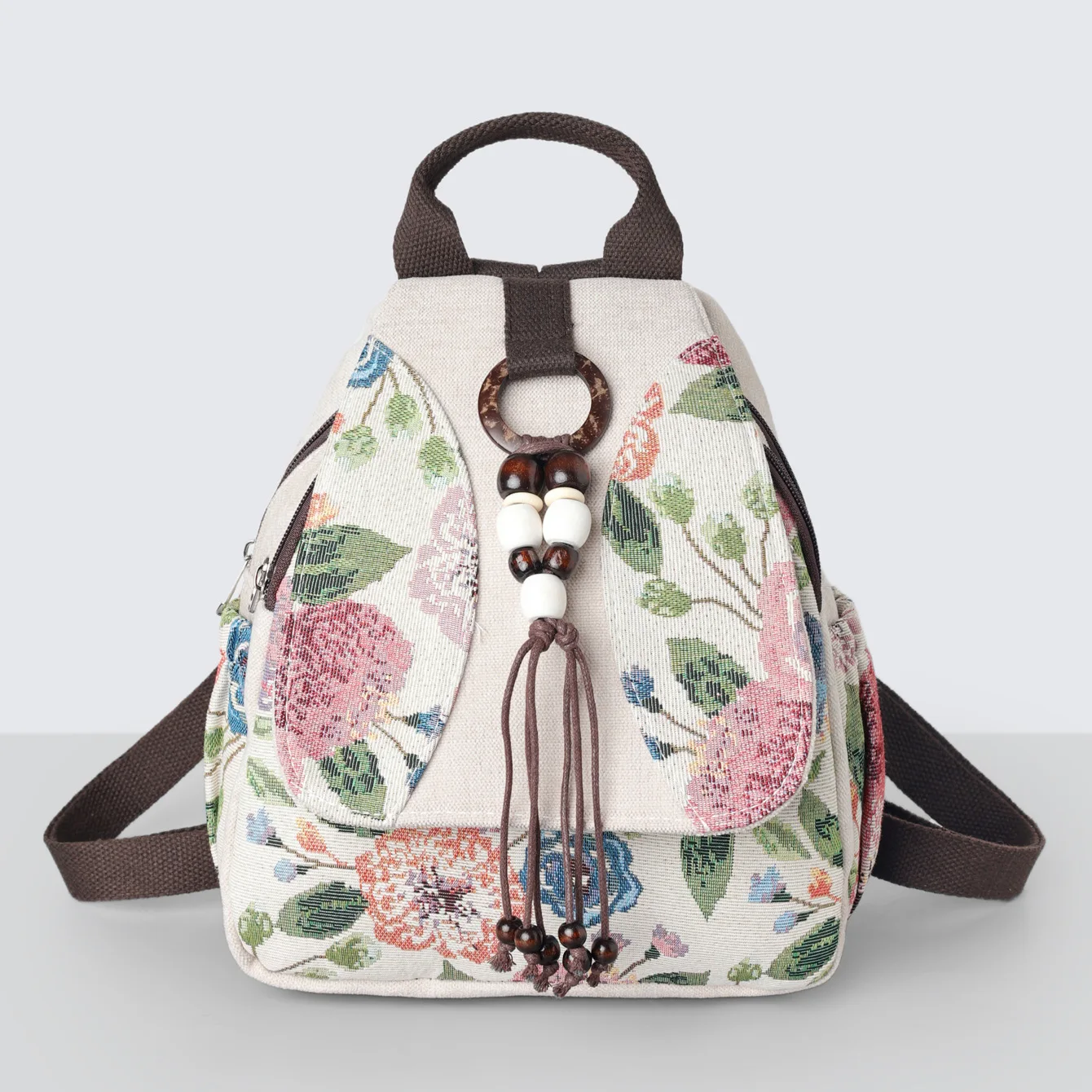 Vintage Floral Tapestry Backpack for Women Bohemian Bead Tassel Canvas Small Daypack Ethnic Style Travel Shoulder Bag - view 4
