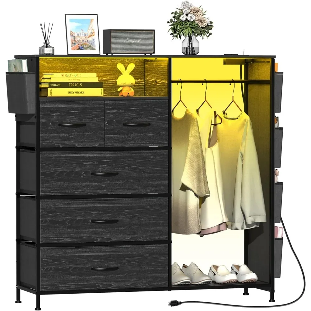 Dresser with Clothes Rack Side Pockets, Charging Station & LED Lights Black Storage Chest, Wood Top 5 Drawer Dresser