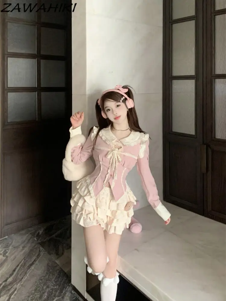 Sweet Two Piece Set Women Pink Peter Pan Collar Contrast Color Lace Top Female + Solid Patchwork Pleated Tierred Y2K Short Skirt