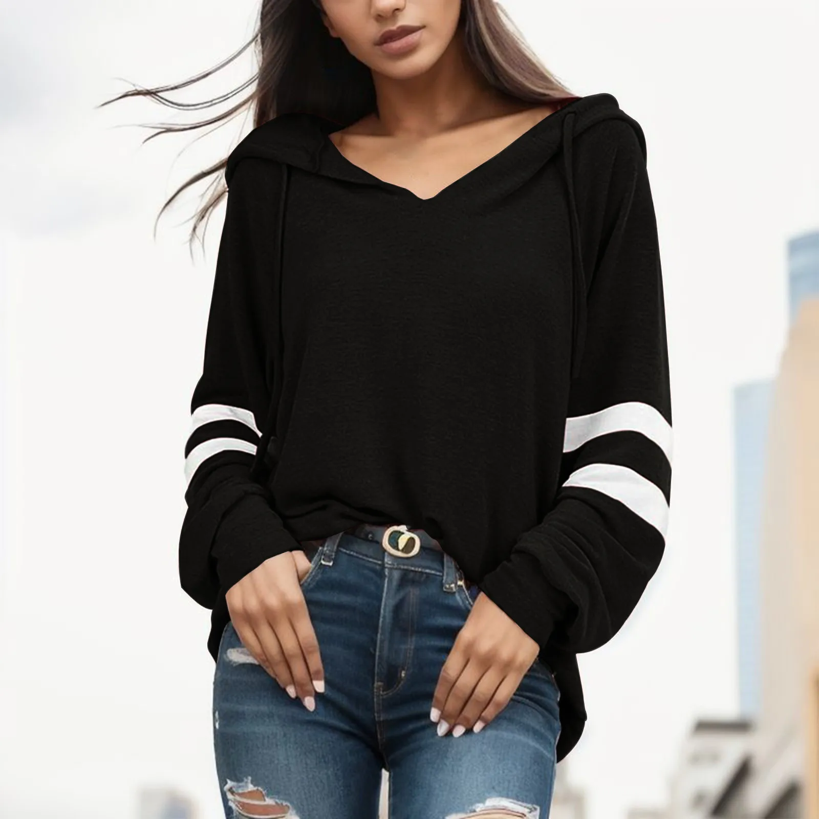 

Yoga N Women's Long Sleeve Hooded Drawstring Patchwork Striped Casual Sweatshirt Tops Clothes over Size Hoodies Women