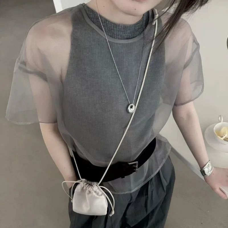 Women's 2026 Summer New Korean Old Money Gray Organza Mesh Sheer Short Sleeve Cardigan Layering Top Vintage Chic Elegant Y2K