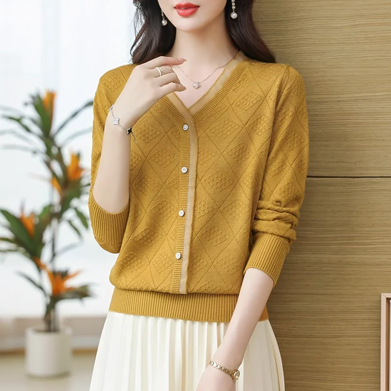 Women Korean Fashion Ruffled Mesh Patchwork Elegant Basic Knitwears Casual V Neck Solid Long Sleeve Loose Pullover Tops Jumpers