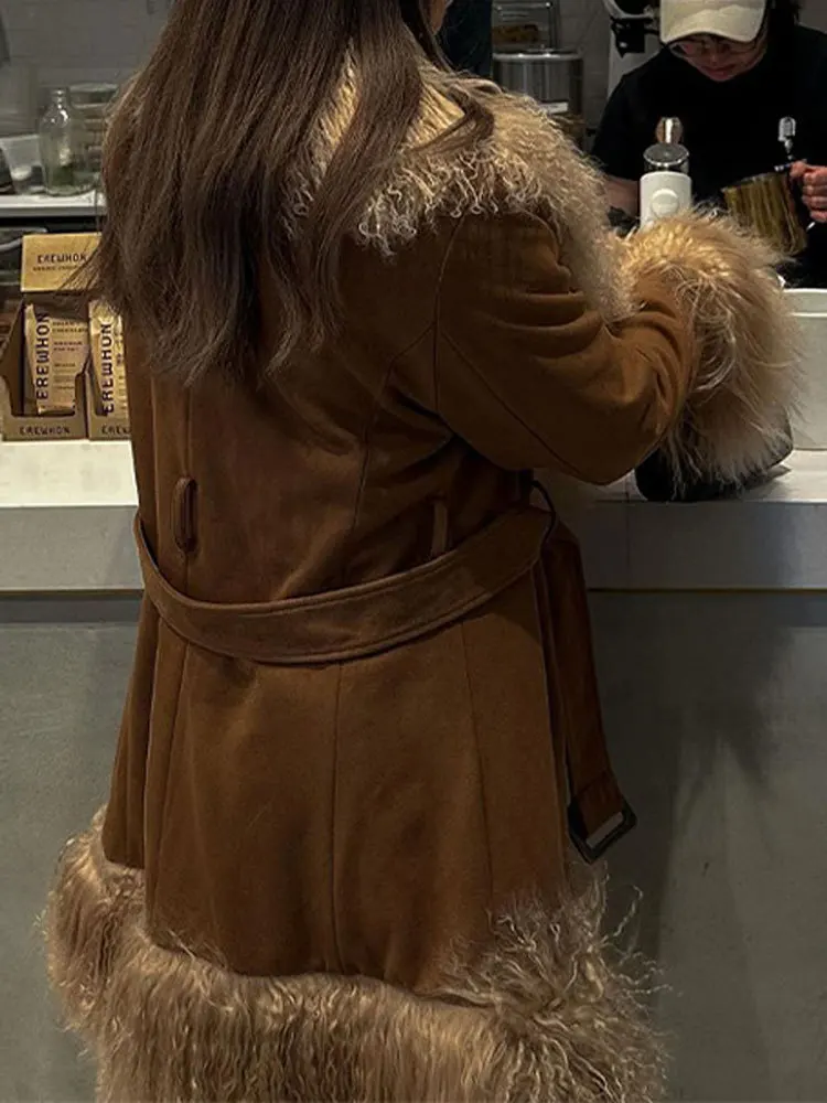 EAEOVNI Cappotto invernale da donna vintage marrone Pelliccia impiombata Design Nappa Cintura Bottone Cappotto di media lunghezza Moda Nuovi vestiti