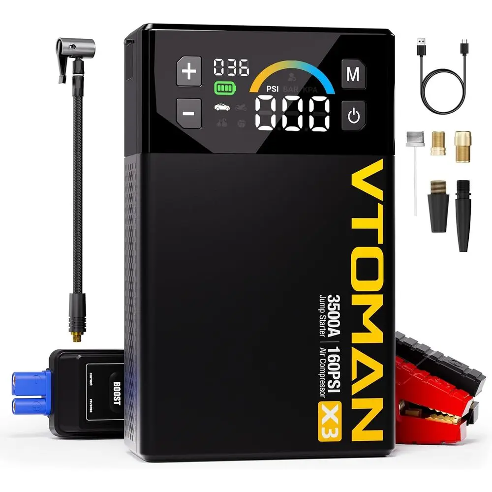 

Portable 3500A Jump Starter with Air Compressor, 160PSI Tire Inflator, 12V Lithium Battery Pack for Gas and Engines