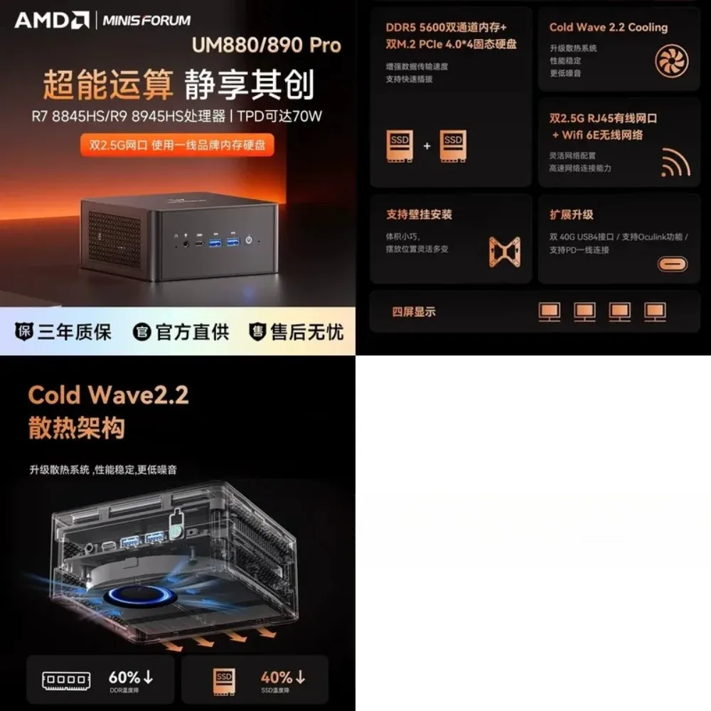 MINISFORUM UM880/890PRO Ryzen R7-8845HS/R9-8945HS Dual network port high performance game office ultra quiet mini mini