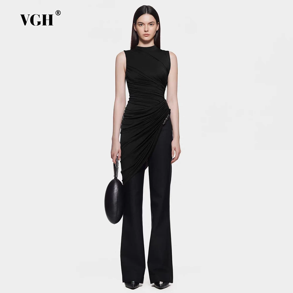 

VGH Temperament Folds Slimming Two Piece Sets For Women Round Neck Sleeveless Top High Waist Panst Casual Set Female Fashion New