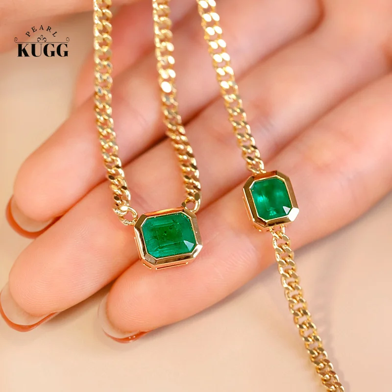 

KUGG 18K Yellow Gold Bracelet Fashion Shiny Style Real Natural Emerald Gemstone Bracelet Luxury Necklace High Women's Jewelry